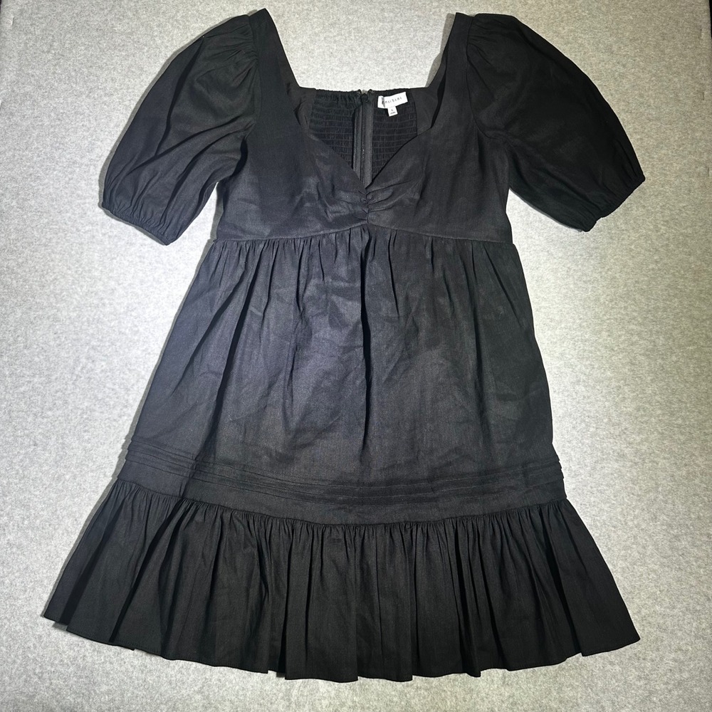 Gianni Bini Black Puff Sleeve Babydoll Mini Dress Smocked Back Size 6